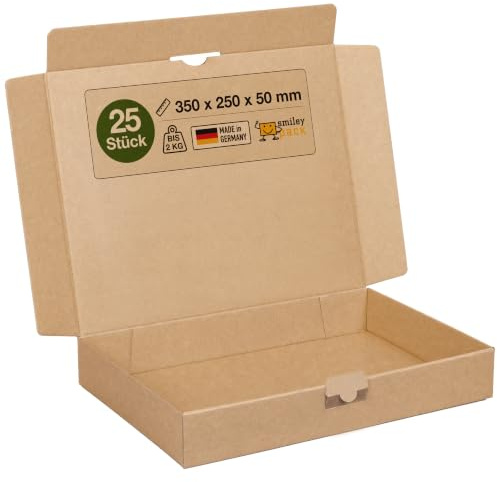 smiley pack Maxibriefkarton braun 350x250x50 mm 25 Stück | Stabiler Versandkarton mit Steckverschluss – passend für DHL Maxibrief, Warensendung & Büchersendung