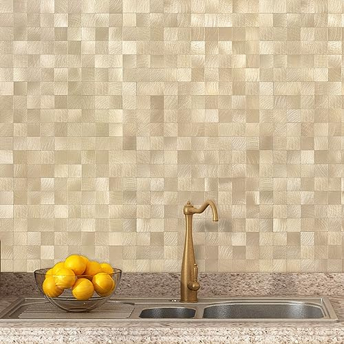 VAOVI Stick on Tiles Self Adhesive Wall Square 10pcs,Champagne Gold