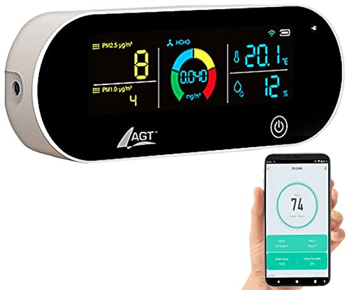 AGT Raumluftmessgerät: 5in1-Akku-Luftqualitätsmesser, HCHO, PM1/2,5, Temperatur u.v.m., App (Luftmessung, Partikelmesser, Gesundheit)