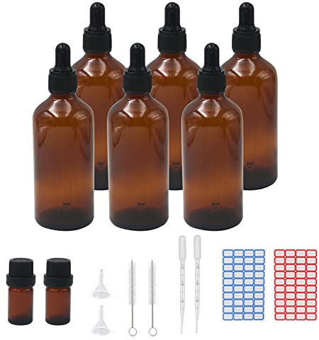 Reyshin 100ml Glass Dropper Bottles, 6 Pack Amber Glass Bottle with Dropper Pipettes Refillable Sample Dropper Bottle for Essential Oil Massage Aromatherapy Eye Drops (100ml amber)