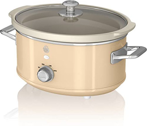 Swan Retro SF17021CNEU Mijoteuse 3,5L Récipient Amovible, Antiadhésif en Céramique Libre PFOA et PTFE, 3 Niveaux de température, Couvercle Verre, Slow Cooker, Design Vintage, Crème, 200 W