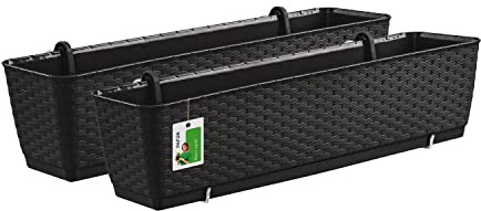 2X Blumenkasten Blumentopf 10L mit Halterungen - 585 x 145 x 155 mm - Rattan-Optik Pflanztopf Balkonkasten Pflanzkästen Befestigungshaken, Umbra