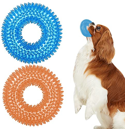 BLMHTWO 2PCS Dog Spiky Toy, Durable Squeaky Balls Chew Toy Rubber Puppy Dental Ring Dog Toy Pool Rings for Small Medium Dogs Indoor Outdoor Training Teeth Cleaning (Blue, Orange)