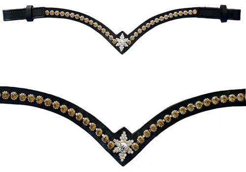 Leone Equipment Stirnriemen Pferd Glitzer in Geschenkbox (Cob/Vollblut, Gold Steine/Schwarz Leder)