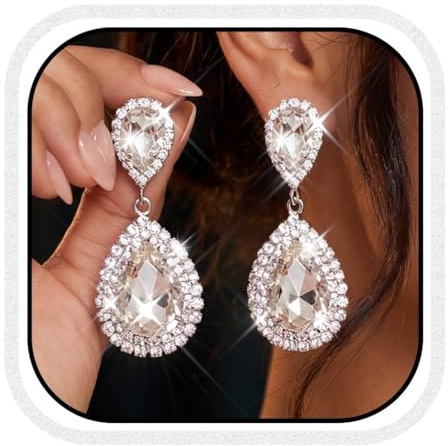 Unicra Silver Rhinestone Teardrop Earrings Crystal Wedding Bridal Dangle Earrings Prom Drop Earrings for Women and Brides (Silver)