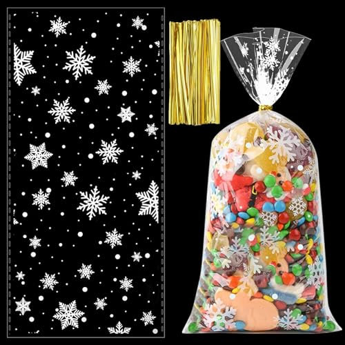 Schneeflocke Weihnachten Plätzchentüten, 100 Stück Cellophantüten Kekstüten Weihnachtens, Weihnachten Süßigkeiten Tüten plätzchentüten, Süßigkeiten Tüten mit Twist Krawatten für Christmas Candy bags