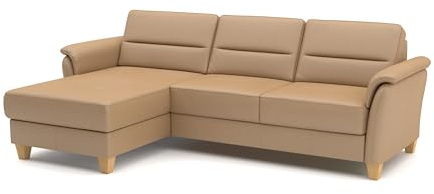CAVADORE Leder-Eckcouch Palera mit Longchair / Landhaus-Sofa mit Federkern, Bettfunktion + Bettkasten / 244 x 89 x 163 / Leder Beige