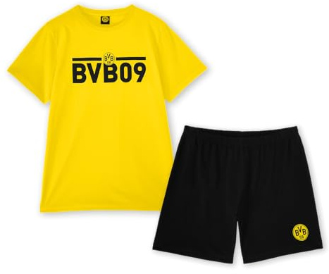Borussia Dortmund Unisex – Erwachsenen BVB Schlafanzug Schwarzgelb, Shirt, Hose, Exklusive Kollektion, Bvb09 Schriftzug, 100% Baumwolle, Kurz