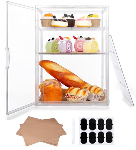 Wuciray Paneras 3 Compartimentos Panera Transparente Grande con 50pcs Papel Horno Etiquetas y Bolígrafo Expositor Bolleria (1#)