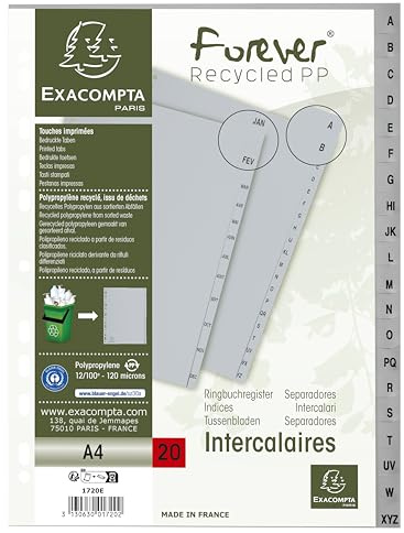 Exacompta - Ref. 1720E – Karton mit 20 grauen Registern aus recyceltem Polypropylen mit 20 alphabetischen Registern von A bis Z – Format A4 – Maße 22,5 x 29,7 cm – Blauer Engel zertifiziert