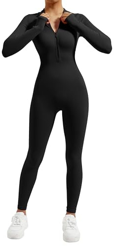 DOULAFASS Combinaison intégrale à manches longues pour femme - Fermeture éclair - Combinaison de sport côtelée tout-en-un - Combinaison moulante, #1 noir., XL