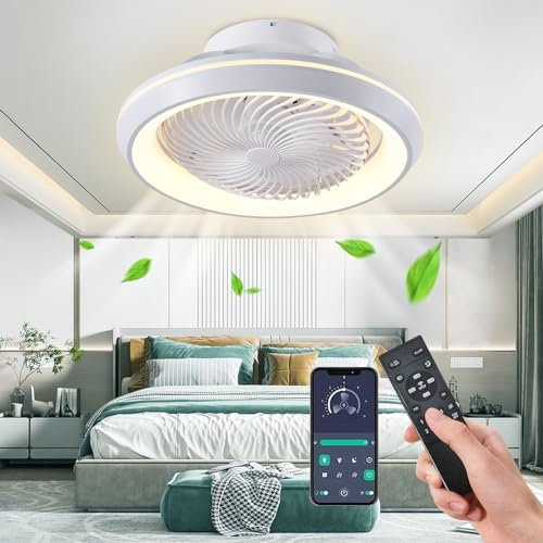 RRBEST Ventilatore a Soffitto con Lampada, Smart LED Dimmable Ventilatori da Soffitto, Dimmerabili Lampadario Ventilatore, 6 Velocità Ventilatore da Soffitto con Luce e Telecomando(Bianco)