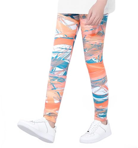 FILOWA Leggings för flickor barn sport långa leggings färgtryck elastiska byxor mjuka leggings stretch yoga nät gym dans fitness kläder för barn tonåringar 6–13 år, Orange, 7-8 år