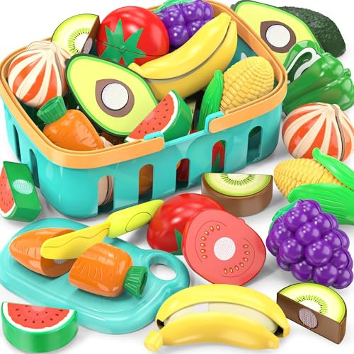 Cutting Play Food Toys For Kids, Pretend Play Kitchen Accessories, Fake Fruits/Vegetables Set With Shopping Storage Basket, Plastic Board And Knife, Birthday Gifts/Educational Toy For Toddler Children