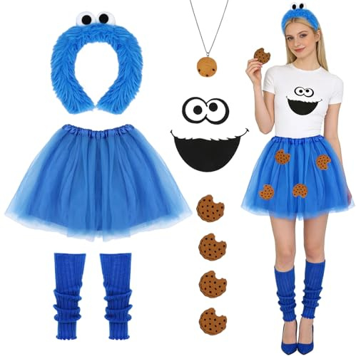 Capaneus Krümelmonster Kostüm Damen, Tüllrock Blau Krümelmonster Haarreif, Cookie Halskette, Krümelmonster Kostüm Accessoires für Damen Karneval, Fasching Halloween Motto Party Cosplay Kostüm