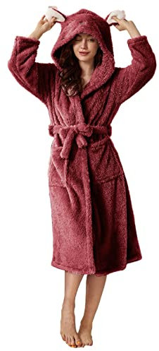 Frottee-Bademantel in Übergröße, Damen-Bademantel mit Kapuze, Teddy-Fleece-Bademantel mit Taschen, Damenmantel, langärmelig, weicher Plüsch-Bademantel, Loungewear und Nachtwäsche, wein, S