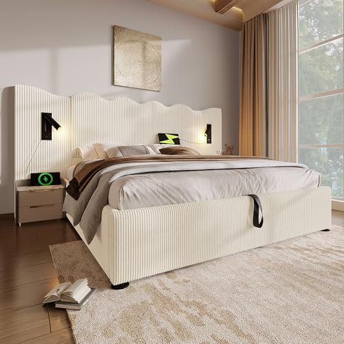 Polsterbett Doppelbett mit Leselampe und USB Type-C Ladefunktion, Stauraumbett Bettgestell mit Lattenrost aus Massivholz und Metall, Beige-Weiß, Cordstoff (Ohne Matratze) (180x200 cm)