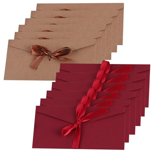 BSITSSS 12 Stück Briefumschläge, 20 x 11cm Rot, Braun Briefumschläge, Umschläge Karten Vintage Hart Kraft Kuvert Set, Briefumschlag mit Bändern Mini Fliege für Party, Weihnachten, Hochzeit