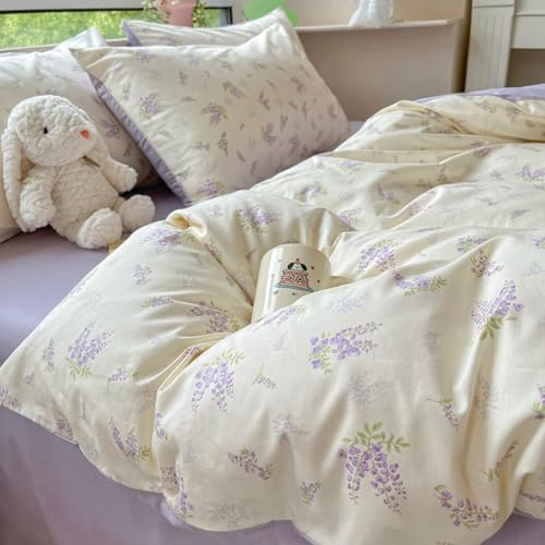 Freyamy Blumen Bettwäsche Set 135x200cm 2teilig Weiß Lila Violett Grün Floral Blätter Pflanzen Mädchen Wendebettwäsche Microfaser Blumenmuster Bettbezug mit Reißverschluss und Kissenbezug 80x80cm