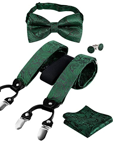 Alizeal Set di 6 papillon e bretelle, fazzoletto e gemelli, da uomo, tinta unita, motivo cachemire, colore: nero, 071-verde scuro, Taglia unica
