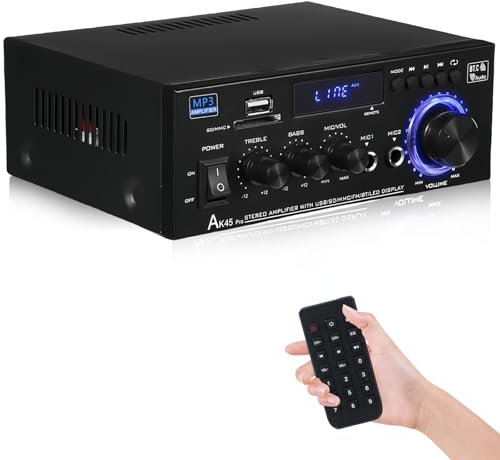 AK45 HiFi Verstärker Mini Stereo Bluetooth Radio Audio Verstärker Receiver, 12V/ 240V 2.0 Kanäle 40W X 2 Digitale Endverstärker mit FM-Radio, Fernbedienung, SD/USB-Eingang, MIC, BT, Soundverstärker