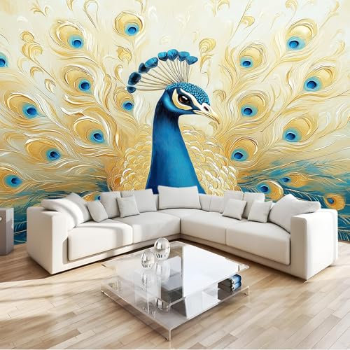 Fotomurales 300 x 210 cm Papel pintado Pavo real, magnífico, pintura al óleo decoración Pared decorativos Murales Póster Gigante de Pared Personalizado 3D Para Salón o Dormitorio Oro azul