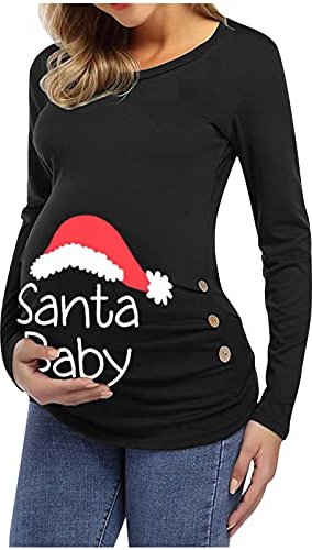 Generisch Top Lettre Tunique Mode de Maternité Noël Manches T-shirt avec Imprimé Décontracté Femmes Robe de Grossesse Chemisier Chemisier 44, Noir , L