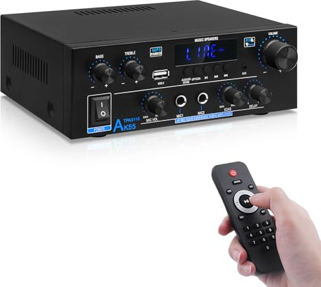 Bluetooth-förstärkare AK-55 Plus stereomottagare Amp 2.0 kanaler RMS 70 W x 2 effektförstärkare hemljud för högtalare mini underförstärkare med TPA3116D2-chip, diskant och bas, BT/USB/AUX, FM-radio