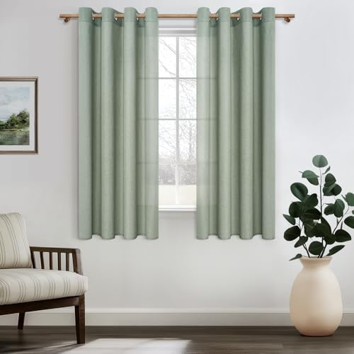 MRTREES Voile Gardinen mit Ösen Salbeigrün Leinenoptik Wohnzimmer Modern Kurz Ösenschal 2er Set 160 cm Lang 140 cm Breit, Vorhang Halbtransparent für Küche Fenster Schlafzimmer Leinenvorhänge
