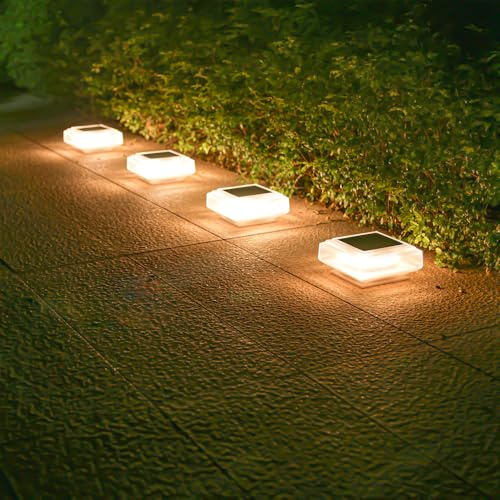 BEOSIOR Solar Post Lights, Solar Garden Lights White Fence Post Light, Auto On/Off Garden Post Cap Lamp IP65 Waterproof for Wooden Posts, Park Squares, Courtyards, Fence(4 Packs)
