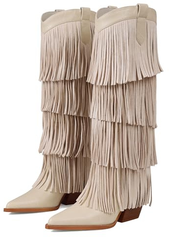 Attiposh Fringe Knee High Boots for Women Wide Calf Cowgirl Boots Pointed Toe Slip on Vintage Block Heel Cowboy Boots Fashion Country Concert Dressy Shoes, Size 7