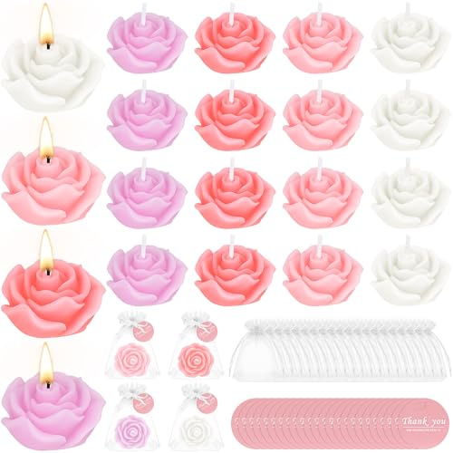 24 Sets Flower Candles Wedding Favor for Guests Mini Pink Rose Shaped Tealight Candles for Valentine's Day Wedding Birthday Bridal Shower Housewarming Party