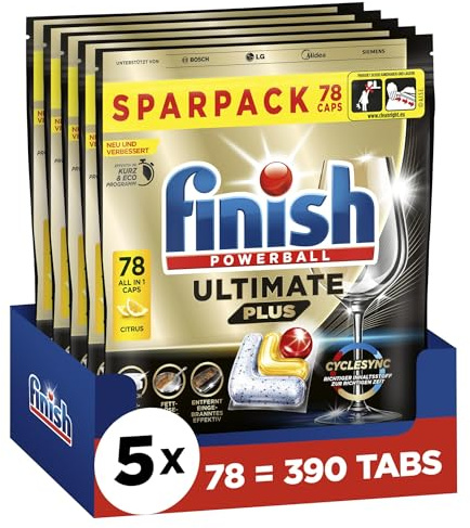 Finish Ultimate Plus Citrus Spülmaschinentabs - Geschirrspültabs für intensive Reinigung, Fettlösekraft und Glanz - Sparpack mit 390 Tabs (5 x 78 Tabs)