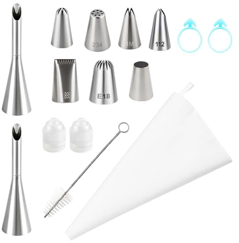 Spritzbeutel Mit Tüllen Set, 15-teilig, Spritzbeutel Wiederverwendbar, Spritztüllen Set Für Kuchen, Torten, Kekse, Inkl. 2 Spritzbeutel, 12 Spritztüllen, Adapter Und Bürste, Ideal Für Profis Und Hobby