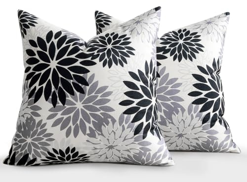 LRartdeco Housse de Coussin 50 x 50 cm Lot de 2 Noir Blanc et Gris Moderne Dahlia Housse Coussin Maison Décor Carrées Taie Oreiller pour Salon Chambre Canape Lit Jardin Outdoor
