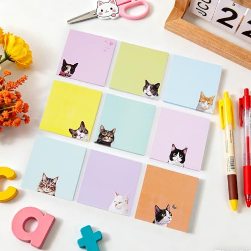 SREBIWO Katze Haftnotizen Set, Selbstklebende Notizzettel, Lustige Sticky | 9 Blöcke, Süße Cartoon Katze, Kleine Haftnotize, für Katzenliebhaber/Geschenk/Lehrer/Büro/Schulbedarf