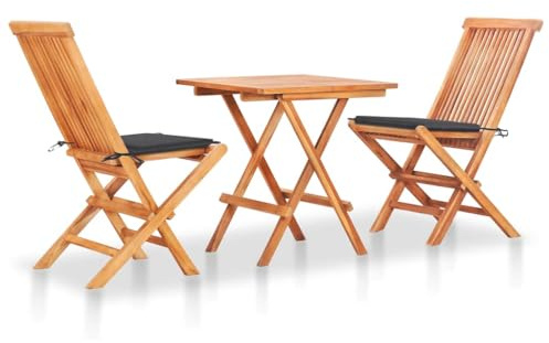 Runheo 3-TLG. Bistroset mit Anthrazit Kissen, Massivholz Teak, klappbar, für Garten, Terrasse, Balkon, wetterfest, 60x60x65 cm, Robustes Outdoor Möbelset