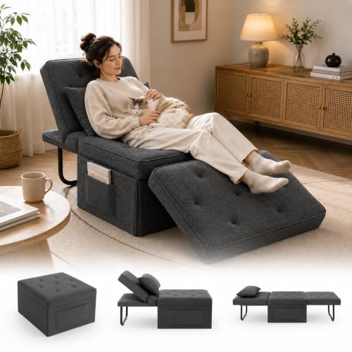 FLEXISPOT 4-in-1 Single Sofa Bed, Convertible Chair, 5-Position Backrest | Sleeper Chair, Recliner, Ottoman, Guest Bed, Pillow, Breathable Linen Fabric, Space-Saving Design for Living Room & Bedroom