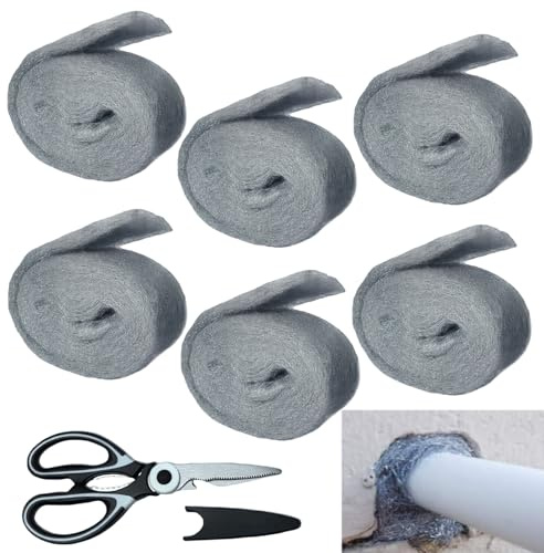Steel Wool Wire Mesh Mice Control Kit, 6 Rolls 3.5 in x 12.5 FT(Total 75 FT) Steel Wool Gap Filler Kit with Scissors, Rodent Proofing Hole Filler for House Garage Pipeline