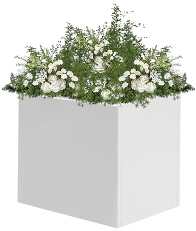 FROPIJ Grand pot de fleurs d'extérieur carré en acier résistant aux intempéries avec gants pour jardin, terrasse, balcon et pièces à vivre, 50 x 50 x 50 cm, blanc