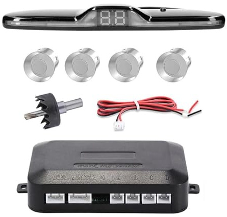 Macchina Sensori Kit Sensori Parcheggio Radar Retromarcia Posteriore Auto Retroilluminazione Monitor Parktronic Display Rilevatore 4 Sonde(Argento)