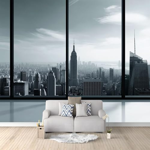 Fotomural Fotomural de Nueva York fuera de la ventana, 400 x 280 cm, papel pintado no tejido, papel pintado fotográfico para pared, para dormitorio, salón, TV, sofá, fondo