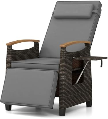 COSTWAY Gartensessel mit Liegefunktion, Rattansessel mit Kissen & Verstellbarer Rückenlehne, Liegestuhl mit hochklappbarem Beistelltisch, Liegesessel, Relaxsessel für Terrasse, Garten, Balkon (Grau)