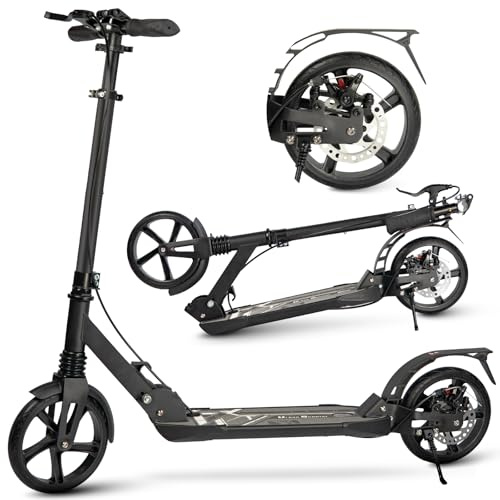 Uluck Roller Erwachsene, 200 mm große Räder mit Scheibenbremsen, Roller für Erwachsene mit Tragegurt und doppelter Stoßdämpfung, Faltbarer Roller für Teenager (Schwarz)