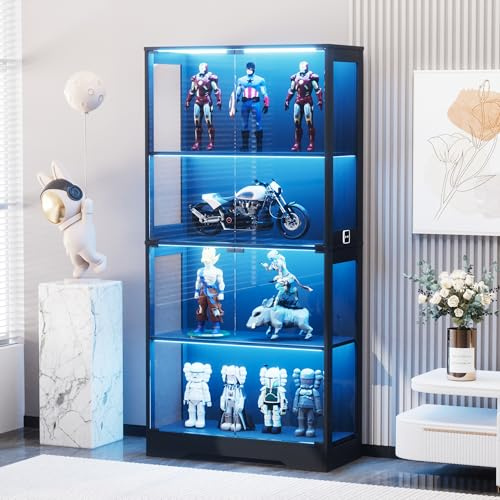 STAPERFO Glasvitrinskåp med LED-belysning och rörelsesensor, stående vitrinskåp, 80 x 35 x 165 cm, vitrinskåp med glasdörrar, dammtät glasvitrinskåp för vardagsrum, displayskåp för samlare