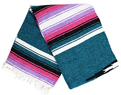 Open Road Goods Blue Diamond Mexican Yoga Blanket, Thick Serape with Purple and Pink Sunset Stripes - Handmade Blanket