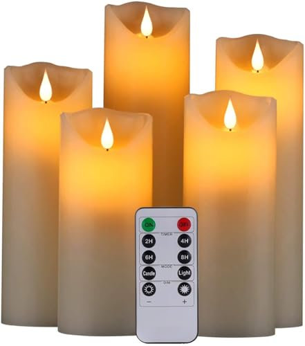 HANZIM LED Candles,Flameless Candles 5 6 7 8 9 Set of 5 Real Wax Battery Candle Pillars, Realistic Dancing Mood Candles and 10 Key Remote Control with 24 Hour Timer Function (Ivory)