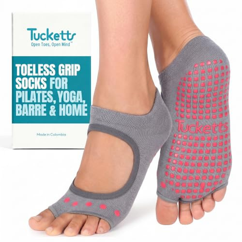 Tucketts Allegro Toeless Non-Slip Grip Socks, Recycled Cotton, Made in Colombia, Mary Jane Style Perfect for Yoga, Barre, Pilates, One Size Fits Most, 1 Pair, Vertical Block Grey/Blush