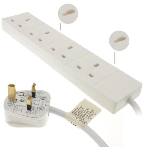 kenable 4 Gang UK Mains Power Extension Lead | 13A Trailing Socket | BS1363/A Certified | Wall Mountable with Keyholes | White 15m Cable