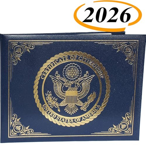 US Naturalization and Citizenship Certificate Holder. Gold American Eagle Certificate of Citizenship, Padded with Cover, USA Logo